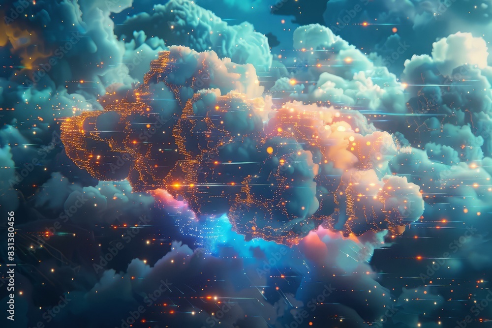 Poster abstract image showcasing glowing digital clouds representing cloud computing and data networks