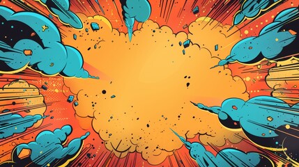 Worms-eye view, superhero birthday invitation, comic book explosion background, vibrant colors, ample blank space for event details, digital 3D render, dynamic composition