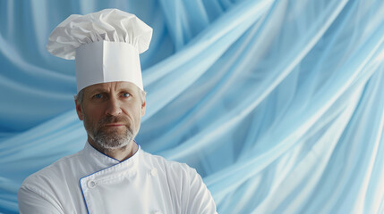 Experienced male chef confidently poses with arms crossed in his professional white uniform
