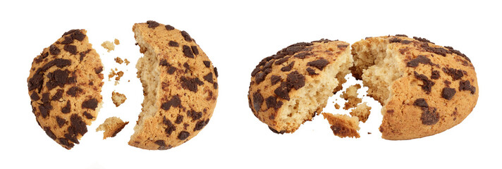 oatmeal chocolate chip cookie isolated on white background. Top view. Flat lay