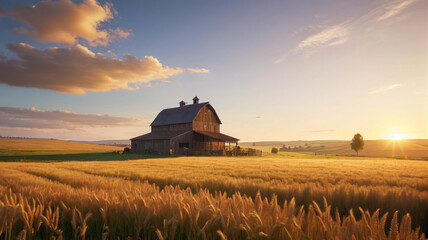 A quaint countryside farmstead basks in the golden light of dawn, surrounded by rolling fields of golden wheat and grazing livestock beneath a vast open sky, Generative AI