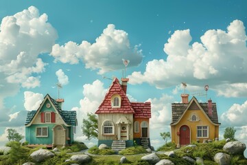 Obraz premium Three charming, colorful storybook cottages in a magical meadow with a serene sky backdrop