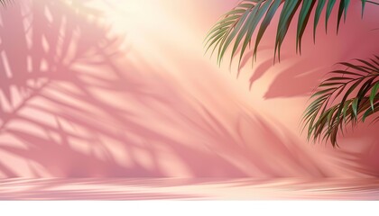 Minimal abstract background for product presentation with blurred shadow from palm leaves on the light pink wall, evoking spring and summer vibes. Tropical aesthetic, pastel colors, serene atmosphere