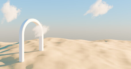 A white arch stands alone in a vast desert under a clear sky. 3d rendering