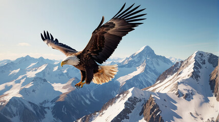 A majestic eagle soars high above snow-capped peaks, its keen gaze scanning the landscape below with a sense of regal freedom and power, Generative AI