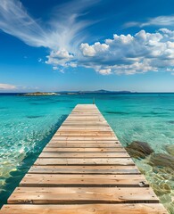 Fototapeta premium Wooden Pier on Turquoise Sea with Blue Sky and Clouds in Formentera, Spain