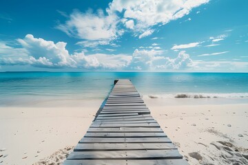 Obraz premium Wooden pier on white sand beach with turquoise sea in tropical island