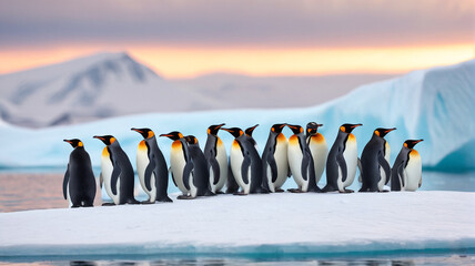 Obraz premium A colony of penguins huddles together on a windswept ice floe, their resilient spirits shining bright amidst the harsh beauty of the Antarctic landscape, Generative AI