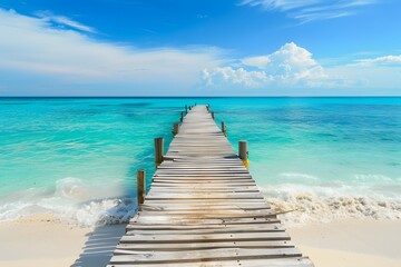 Wooden Pier on White Sand Beach with Turquoise Sea