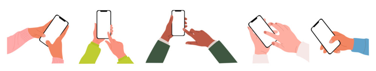 Different Hands holding mobile phones set. Fingers touching, scrolling smartphone screens, using applications. Empty screen, phone mockup. Flat vector illustration isolated on transparent background.