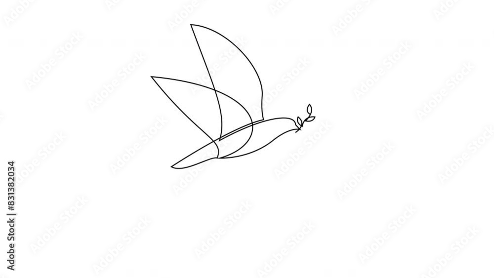 Poster 2d animation motion graphics continuous line drawing of dove with olive branch. 4k loop video.