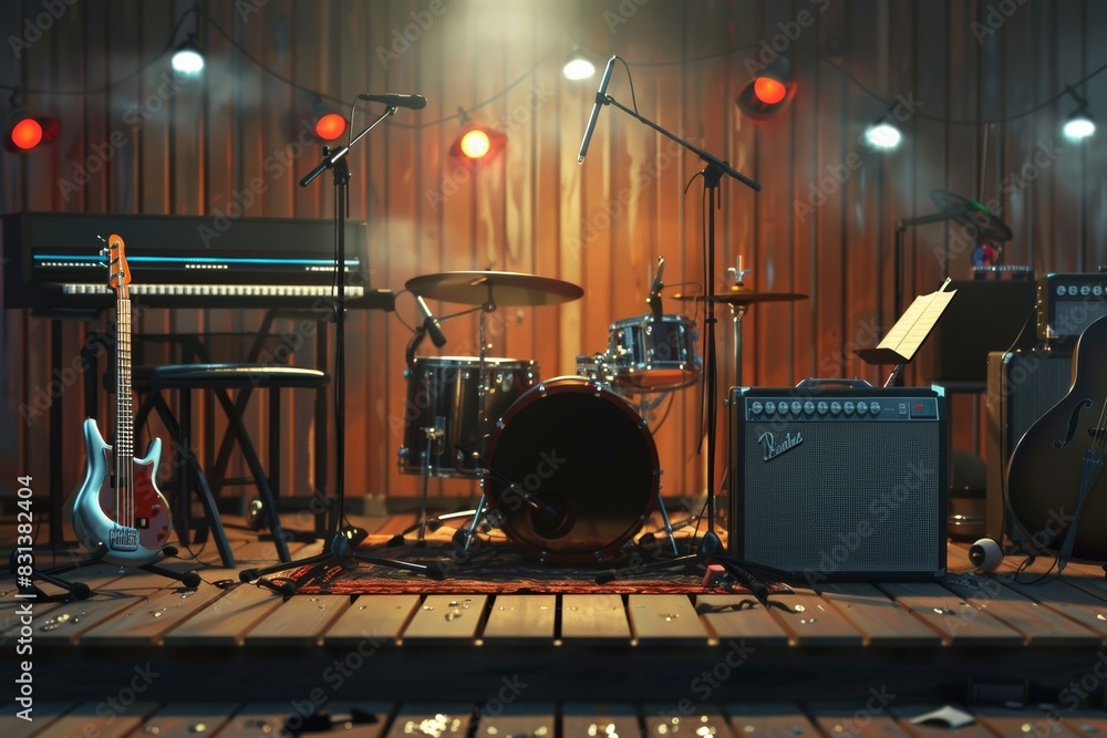 Poster a group of musical instruments rests on a polished wooden floor, each awaiting their turn to be play