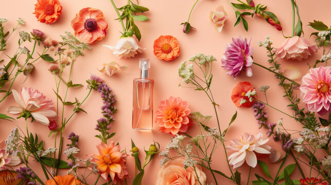 Perfume Bottle with pink flowers on pastel background. Beauty concept