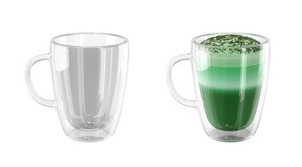 Transparent empty glass cup and cup of matcha latte. Double wall glass cups set. 3d illustration isolated on white