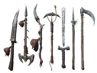 Game Assets of Various types of weapons including crafting tools, pickaxe, sickle, and more displayed on a white surface. Transparent PNG
