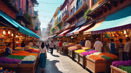 Vibrant artwork capturing the lively bustle of a bustling marketplace in a vibrant bazaar, where merchants peddle their wares amidst a kaleidoscope of colors and scents, Generative AI