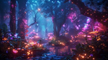 Night Lush Forest Teeming With Trees and Flowers