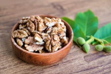 Raw Walnuts in a wooden bowl	