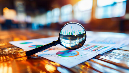 A close-up image of a magnifying glass on financial charts and graphs, showcasing business analysis and financial review on a sunlit wooden table.