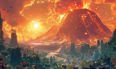 A volcano erupting on a distant alien planet, with exotic flora and unusual geological formations, otherworldly and vibrant, scifi illustration,