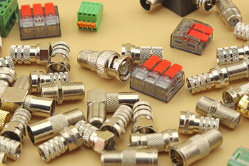 Terminals for connection of copper mounting electrical wires. Close-up. Soft focus.