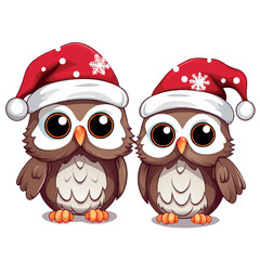Owls with Christmas Hats Vector Illustration