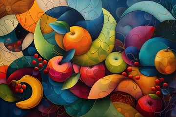 A vibrant, abstract depiction of fruit. Swirling colors and shapes blend together to form a dynamic composition of apples, oranges, bananas, and berries. 