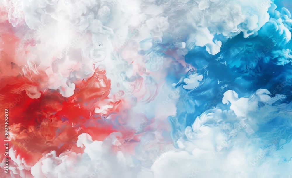 Poster white, red and blue ink clouds flowing together, creating an abstract background with vibrant colors