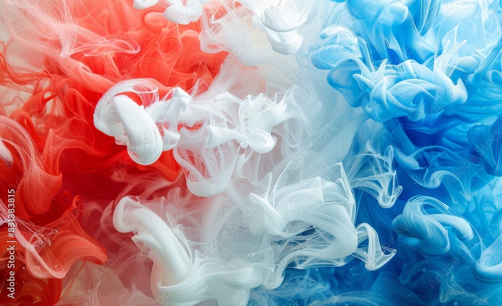 Poster abstract background with red, white and blue colors colorful ink clouds in water close up generative