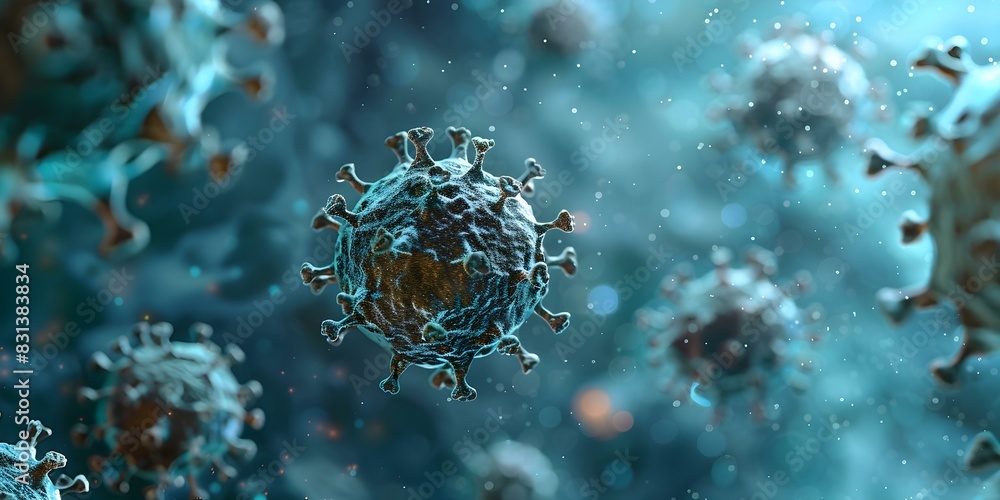 Poster microscopic view of floating viruses illustrating immunotherapys use of the immune system to fight d