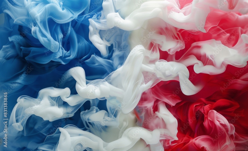 Poster abstract background with red, white and blue color ink in water close up of abstract paint clouds on