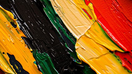 A vibrant abstract painting with bold brushstrokes and thick layers of acrylic colors including red, yellow, green, and black.