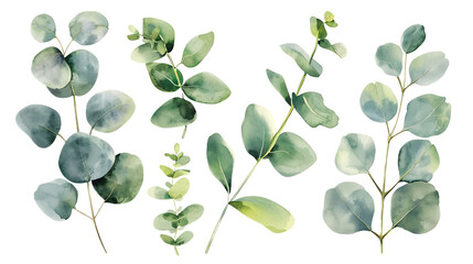 Obraz premium Watercolor leaves branch set. Hand painted eucalyptus elements isolated on transparent background. Artistic clip art