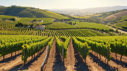 Fototapeta premium Idyllic illustration of a sun-drenched vineyard nestled in rolling hills, where grapevines stretch as far as the eye can see and the air is filled with the aroma of ripening fruit, Generative AI