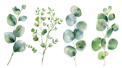 Obraz premium Watercolor leaves branch set. Hand painted eucalyptus elements isolated on transparent background. Artistic clip art
