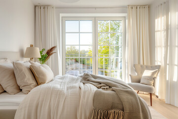 a cozy bed takes center stage, adorned with plush pillows and soft throws, offering a serene retreat within the bustling household. Sunlight streams through the large window, framing lush greenery out