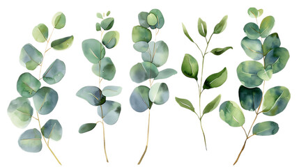Obraz premium Watercolor leaves branch set. Hand painted eucalyptus elements isolated on transparent background. Artistic clip art