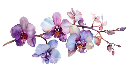 Watercolor colorful Orchid branch, hand drawn illustration isolated on a transparent background. Botanical watercolor painting for decorative invitations, posters, or cards