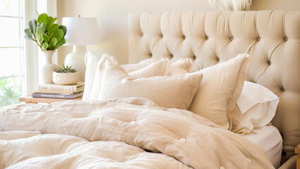 A cozy and stylish bedroom interior featuring plush bedding, pillows, and a luxurious headboard bathed in natural light.