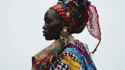 Obraz premium A woman with a vibrant head scarf wrapped around her head, showcasing a colorful and stylish accessory.