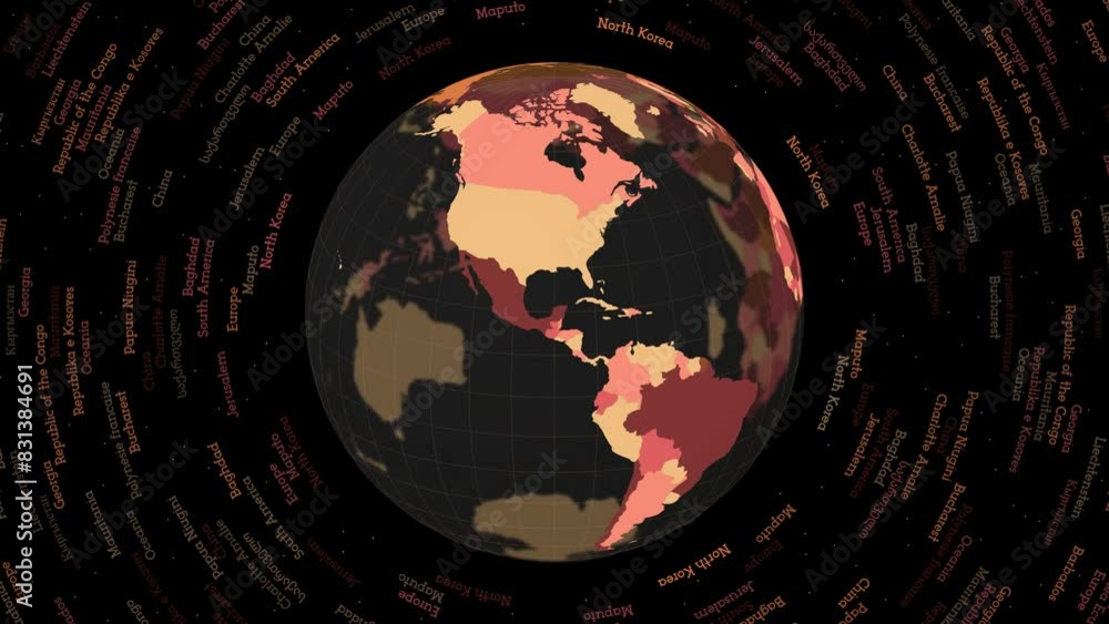 Poster rotating globe. dark translucent globe with round geographical names text. attractive spinning plane