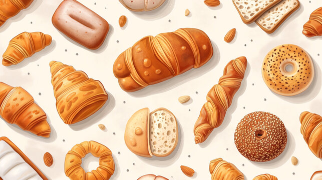 Flat art featuring various types of bread and croissants. The scene is depicted in a simple and clean style, with each item drawn with clear lines and minimalistic details