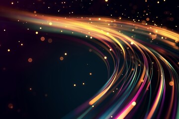 Obraz premium Multicolored Glowing Lines on Black Background, Copy Space, Golden Geometric Shape Design