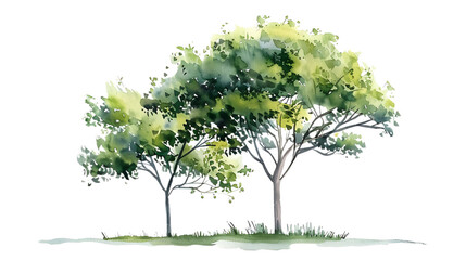 Obraz premium Watercolor green tree illustration isolated on transparent background for landscape and architecture drawing. Elements for environment and garden, botanical for section in spring. 