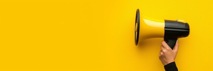 Hand Holding Megaphone on Yellow Background: Marketing and Advertising Concept with Minimalist Design