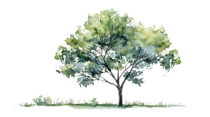 Fototapeta premium Watercolor green tree illustration isolated on transparent background for landscape and architecture drawing. Elements for environment and garden, botanical for section in spring. 