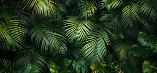 Fototapeta premium Aerial View of Lush Green Palm Fronds in Dense Tropical Jungle: Reminiscent of Landscape Photography