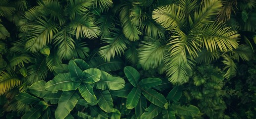 Aerial View of Lush Green Palm Fronds in Dense Tropical Jungle: Reminiscent of Landscapes