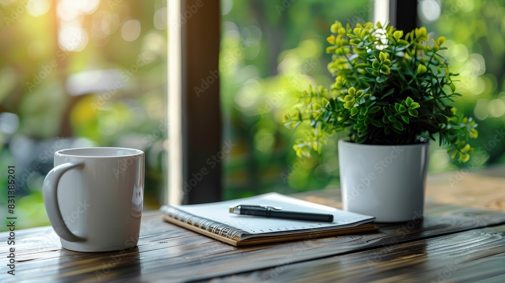 Poster sunlit office desk with an open notebook and a potted plant, creating a serene and productive worksp