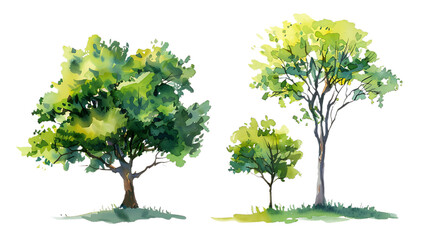 Watercolor green tree illustration isolated on transparent background for landscape and architecture drawing. Elements for environment and garden, botanical for section in spring. 
